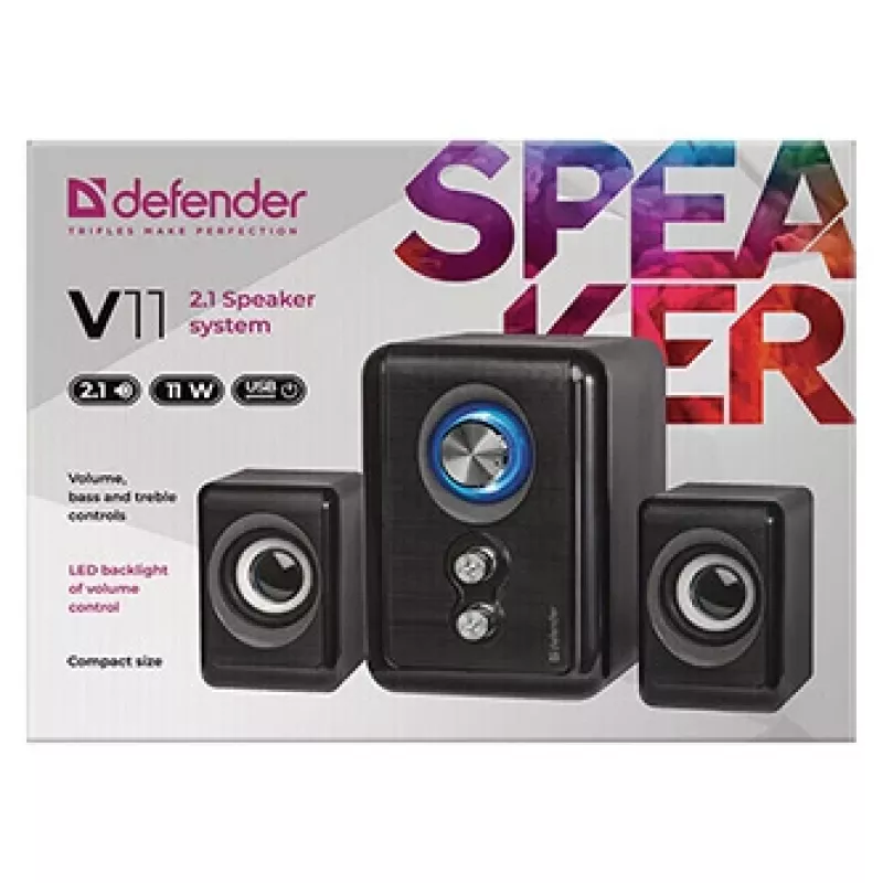 DEFENDER garsiakalbis V11 11 W laidinis 2.1 stalinis palydovinis garsiakalbis, USB 5 V, juodas