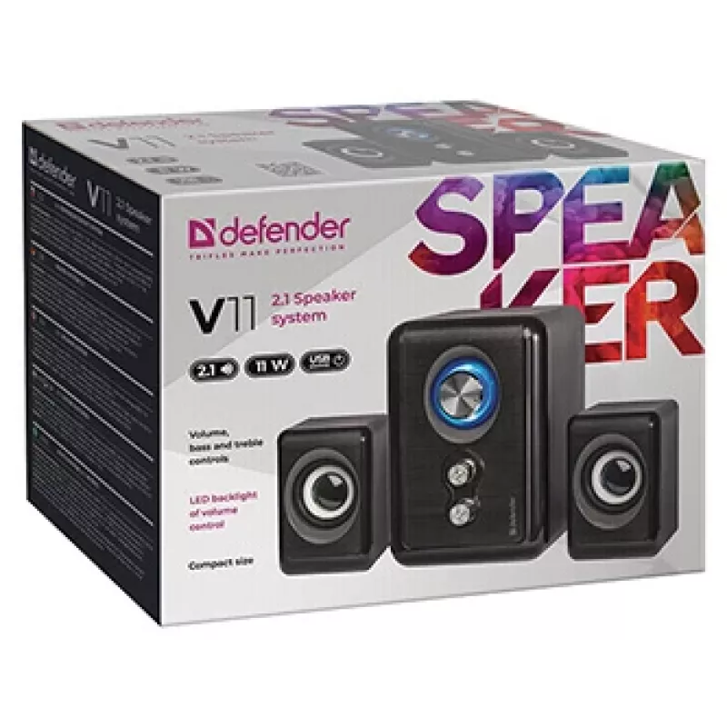 DEFENDER garsiakalbis V11 11 W laidinis 2.1 stalinis palydovinis garsiakalbis, USB 5 V, juodas