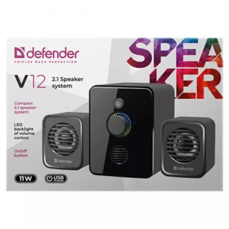 2.1 kompiuterio garsiakalbiai DEFENDER V12 11W RMS USB, 3.5 mm, žemų dažnių garsiakalbis, juodi, 223×115×130 mm