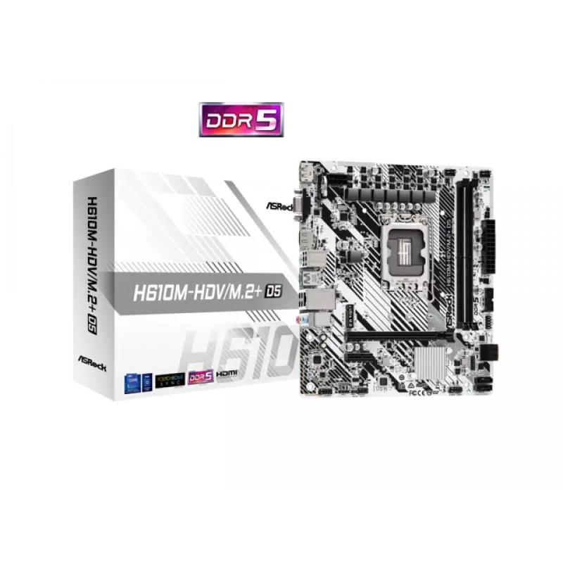 Mikroplokštė ASRock H610M-HDV/M.2+ D5 — Intel H610, LGA 1700, microATX, 2× DDR5 DIMM, M.2, HDMI 2.1, DP 1.4