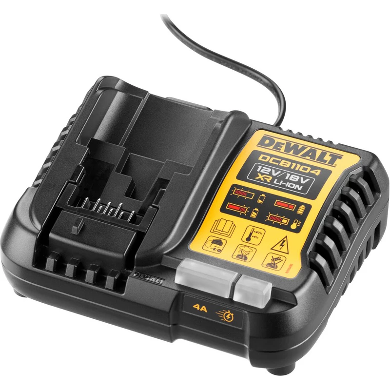Baterijų įkroviklis DeWalt DCB1104-QW, skirtas 10,8 V ir 14,4 V ličio jonų baterijoms, kompaktiškas dizainas