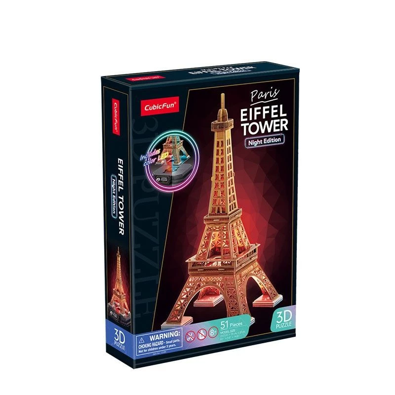 3D dėlionė Cubicfun Eifelio bokštas naktinė versija LED, Cubicfun, modelis 306-L534H – apšviečiama architektūrinė 3D dėlionė