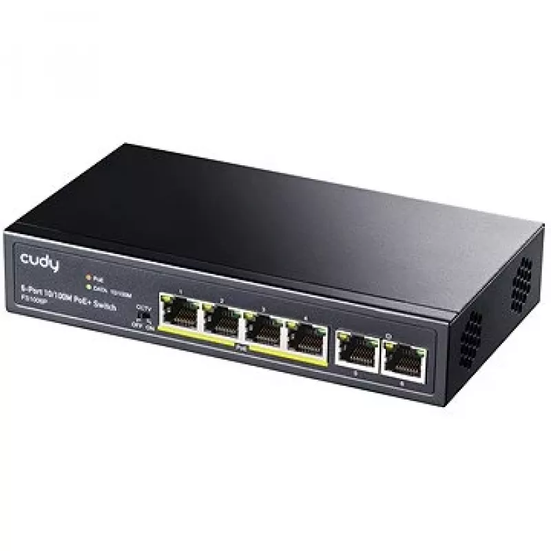 Tinklo komutatorius Cudy FS1006P Fast Ethernet 6 prievadų (4 PoE, 1 PoE+) 10/100 Mbps, 1,2 Gbit/s pralaidumas, metalinis korpusas, montavimas į stovą / ant sienos
