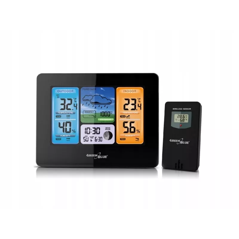 Skaitmeninė meteorologinė stotelė GreenBlue GB526 juoda — patalpoje -20…60°C, lauke -40…70°C, drėgmė -20…95%, laikrodis, mėnulio fazė