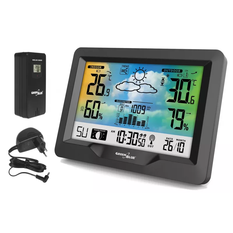 Hygrometer Thermometer GreenBlue GB540 — indoor 0–50°C / outdoor -20–65°C, DCF laikrodis, lauko jutiklis 60 m, juodas