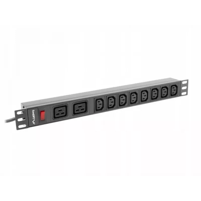 Stovo montavimo maitinimo paskirstymo blokas LANBERG PDU-02I1908I-0200-C20-BK — 1U, 10×C13, 16A, 2 m laidas, 19 colių