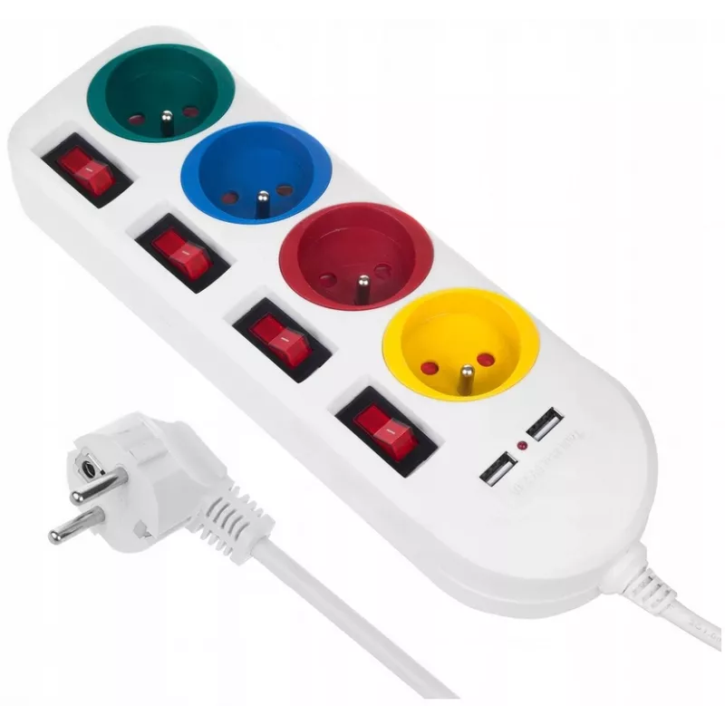 Maitinimo lizdas MACLEAN MCE229W — 4 lizdai, 2× USB, 1.5 m laidas, F tipas, 10 A, balta