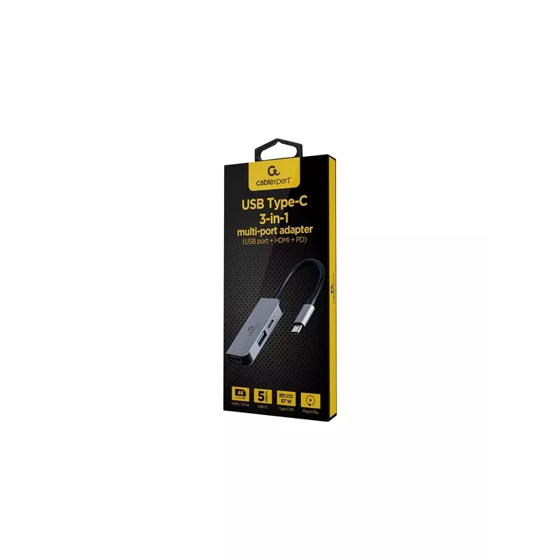 Laidinė nešiojamojo kompiuterio dokas Gembird A-CM-COMBO3-02 — USB 3.2 Gen 1 Type-C, HDMI, USB-A, PD iki 87W, 3840×2160