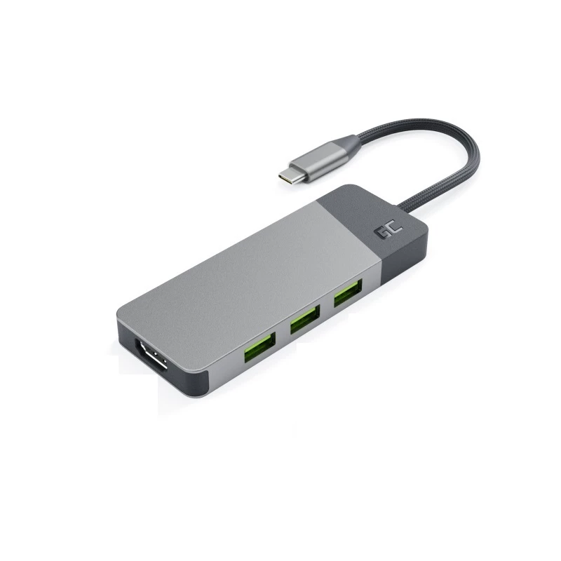 USB Type‑C šakotuvas Green Cell HUBGC01 — 7 prievadai: 3×USB‑A 3.2 Gen 1, 1×USB‑C 3.2 Gen 1, HDMI, microSD+SD kortelių skaitytuvas — sidabrinis