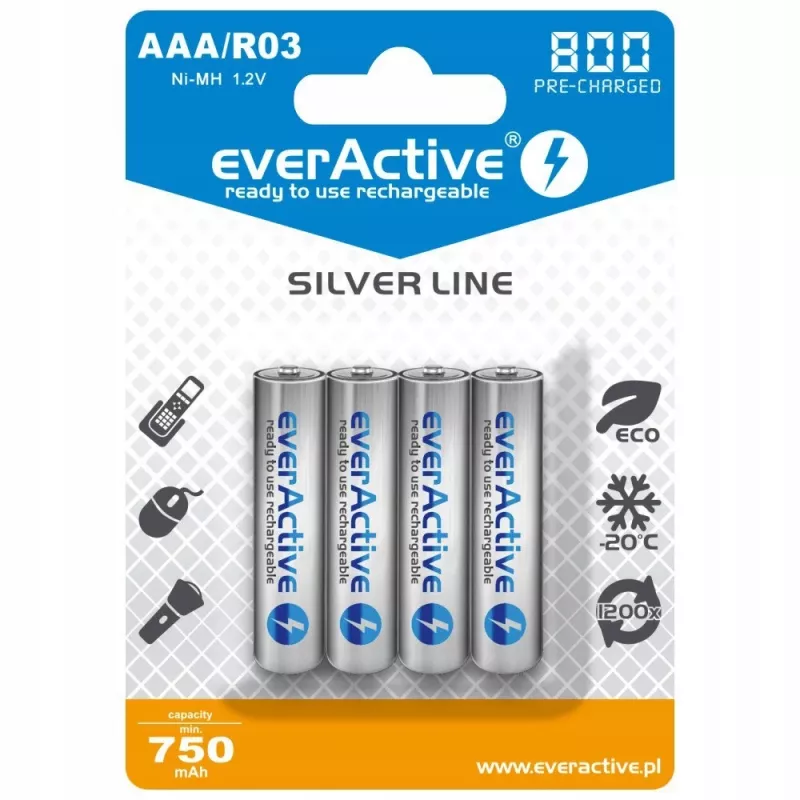 Pakartotinai įkraunamos AAA NiMH baterijos everActive EVHRL03-800 – 1.2 V, 4 vnt., cilindrinės 44.5×10.5 mm