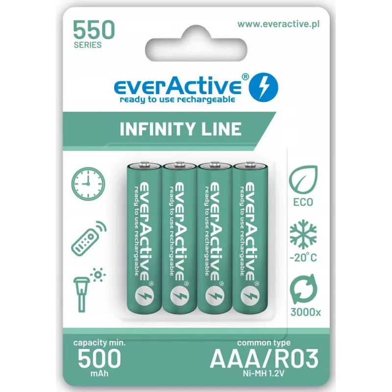 Įkraunamos AAA NiMH baterijos everActive EVHRL03-550 1.2V 550mAh pakuotėje 4 vnt., cilindrinės R03