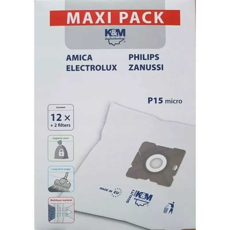 Dulkių siurblių maišeliai PHILIPS CONCEPT SENCOR ZANUSSI P15 maxi KM-P15-MX (12 vnt.)