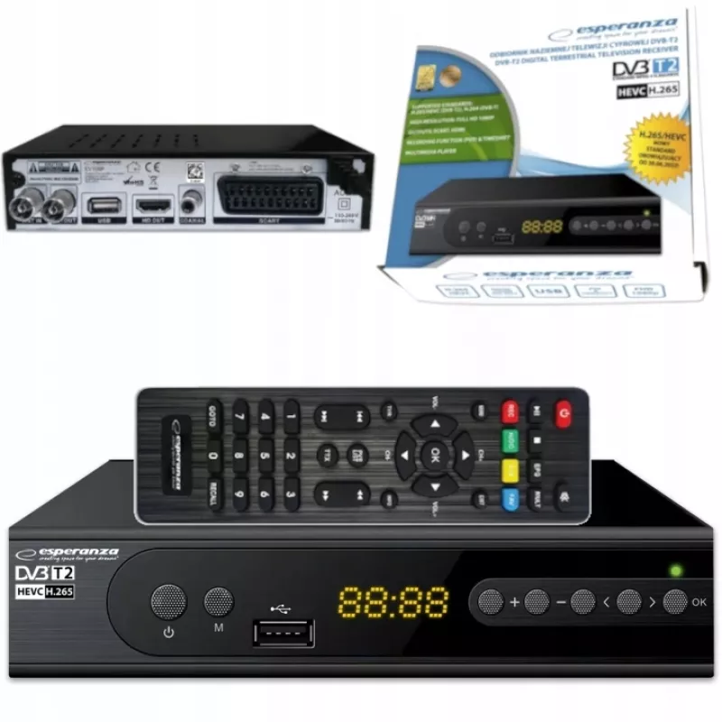Televizoriaus priedėlis ESPERANZA EV106R kabelinis imtuvas DVB-T2 / DVB-C HEVC H.265, HDMI, USB, PVR, Dolby Digital, 174–790 MHz, juodas