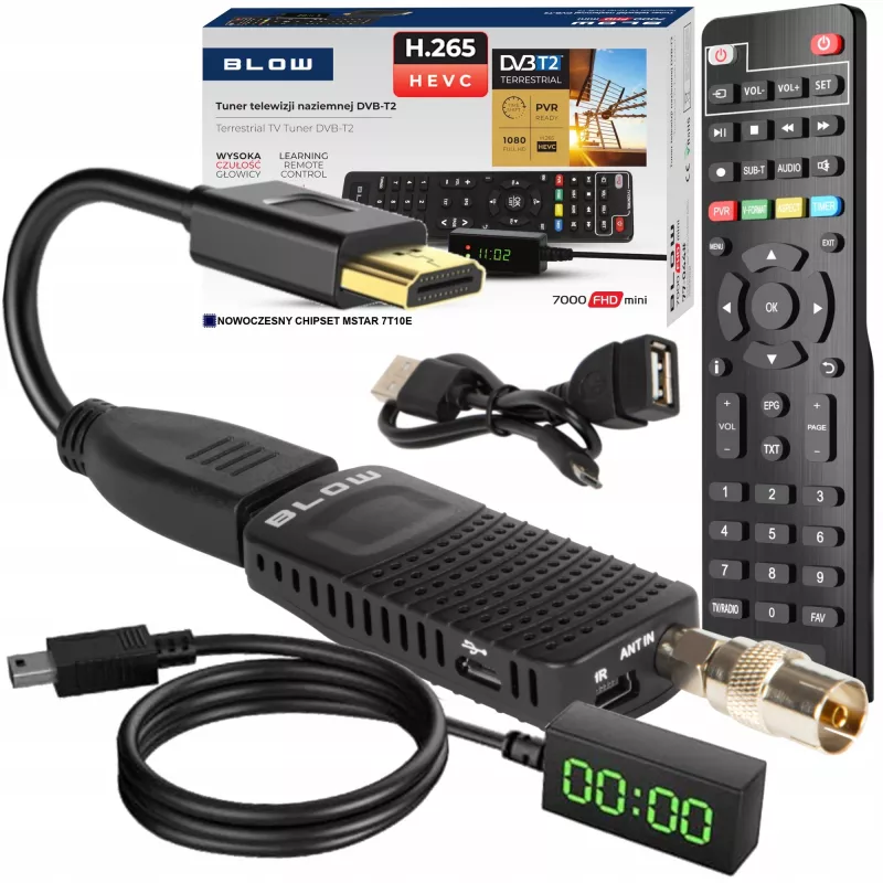 DVB-T2 imtuvas BLOW 7000FHD MINI H.265 — kompaktiškas antžeminės televizijos priedėlis, HDMI, USB, S/PDIF, garso L/R, teletekstas