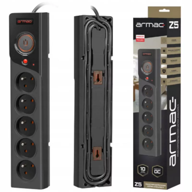 POWER STRIP ARMAC Z5 3M 5X 230V PL 10A kabelis ORGANIZER Juoda