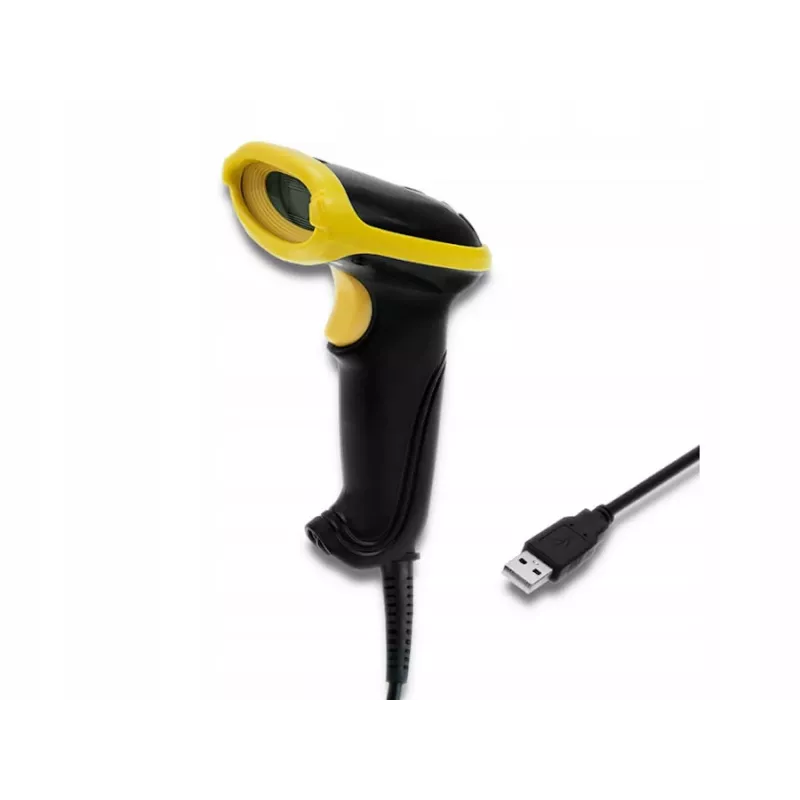 Rankinis brūkšninių kodų skaitytuvas QOLTEC 50867 — 1D/2D lazerinis skaitytuvas, USB laidinis, 600 mm veikimo nuotolis, geltonas/juodas