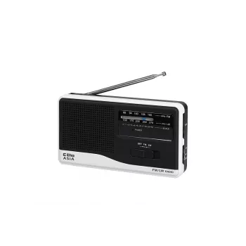 Radijo imtuvas Eltra modelis Asia White — nešiojamas FM/AM radijas, maitinamas iš tinklo ir baterijų