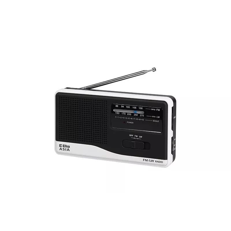 Radijo imtuvas Eltra modelis Asia White — nešiojamas FM/AM radijas, maitinamas iš tinklo ir baterijų