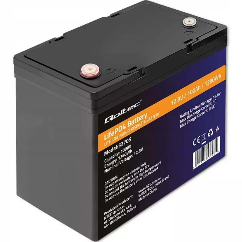 Qoltec 53705 ličio geležies fosfato baterija 100 Ah 12,8 V