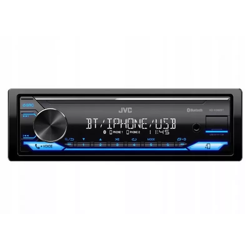 Automobilinis radijas JVC KDX-382BT su Bluetooth ir USB — vieno DIN, AUX įvestis, FM imtuvas