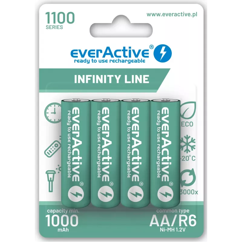 Įkraunamos NiMH baterijos everActive EVHRL6-1100 1,2 V 1100 mAh — 4 vnt., cilindrinės