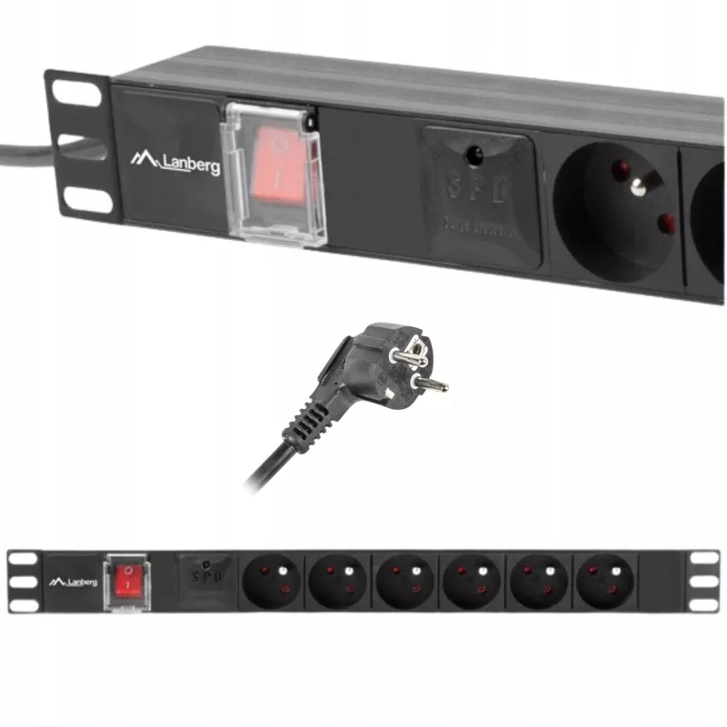 Maitinimo skirstymo įrenginys LANBERG PDU-06E-0200-BK — 6x E tipo lizdai, 16 A, 2 m kabelis, 1U stovas, 220–250 V