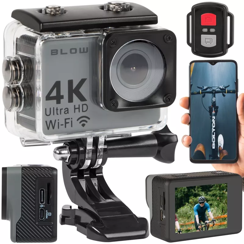 Veiksmo kamera BLOW 78-538 — 4K Ultra HD, 2 colių ekranas, 170° matymo laukas, Wi‑Fi, vaizdo stabilizatorius, microSD iki 64 GB