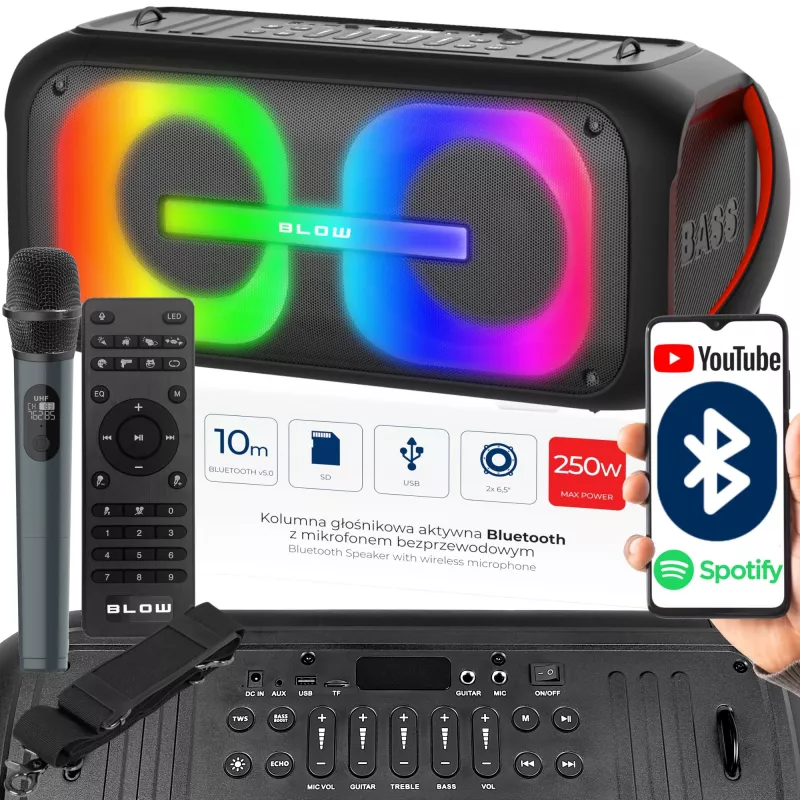 Nešiojamas mono Bluetooth garsiakalbis BLOW 30-392# — 6000 mAh baterija, 6,5 W RMS, Bluetooth 5.0, MicroSD, AUX, Micro-USB, 2 garsiakalbiai, juodas