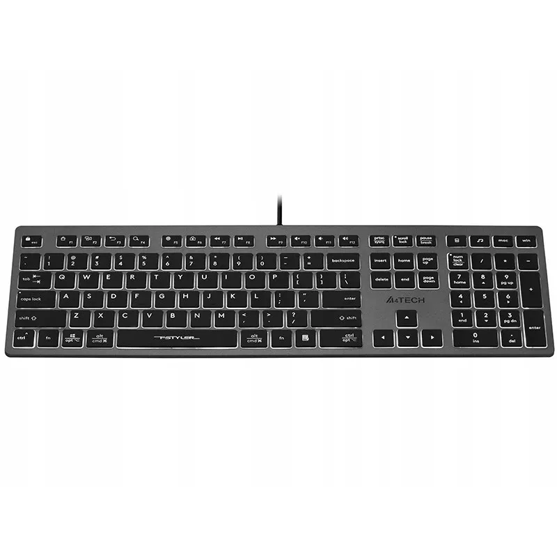 Laidinė A4Tech klaviatūra FX60H USB QWERTY — viso dydžio 100%, baltai apšviesta, pilka, USB šakotuvas