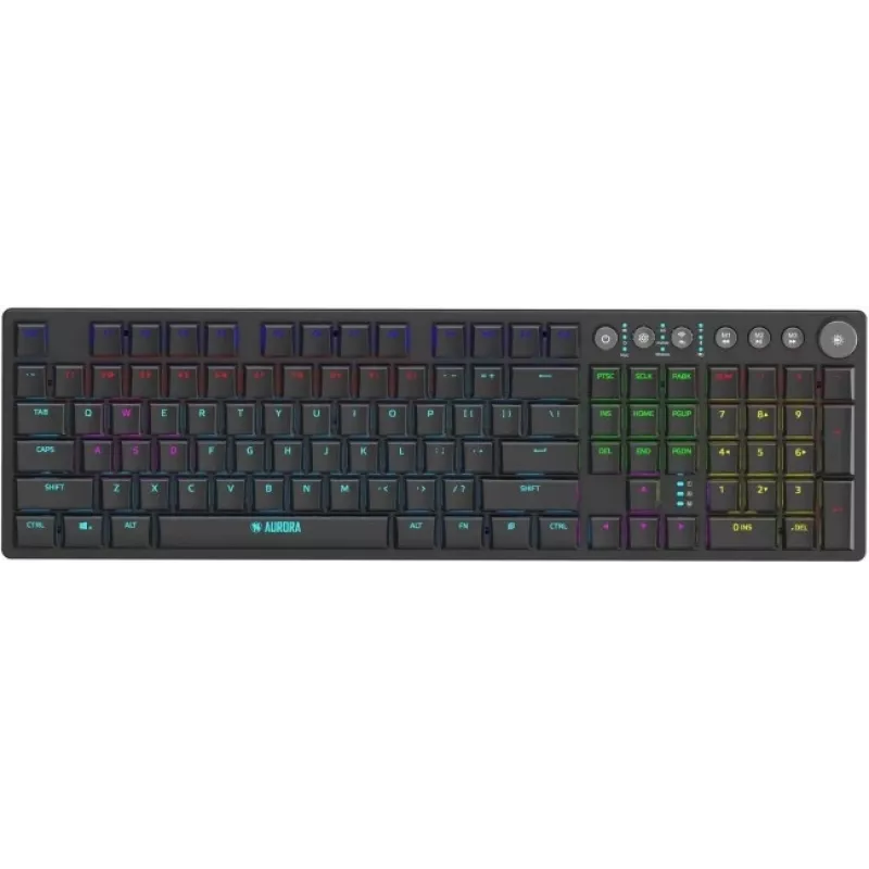 Klaviatūra IBOX AURORA K-6 — pilno dydžio QWERTY, RF belaidė + Bluetooth, RGB apšvietimas, mechaniniai žemo profilio klavišai, juoda