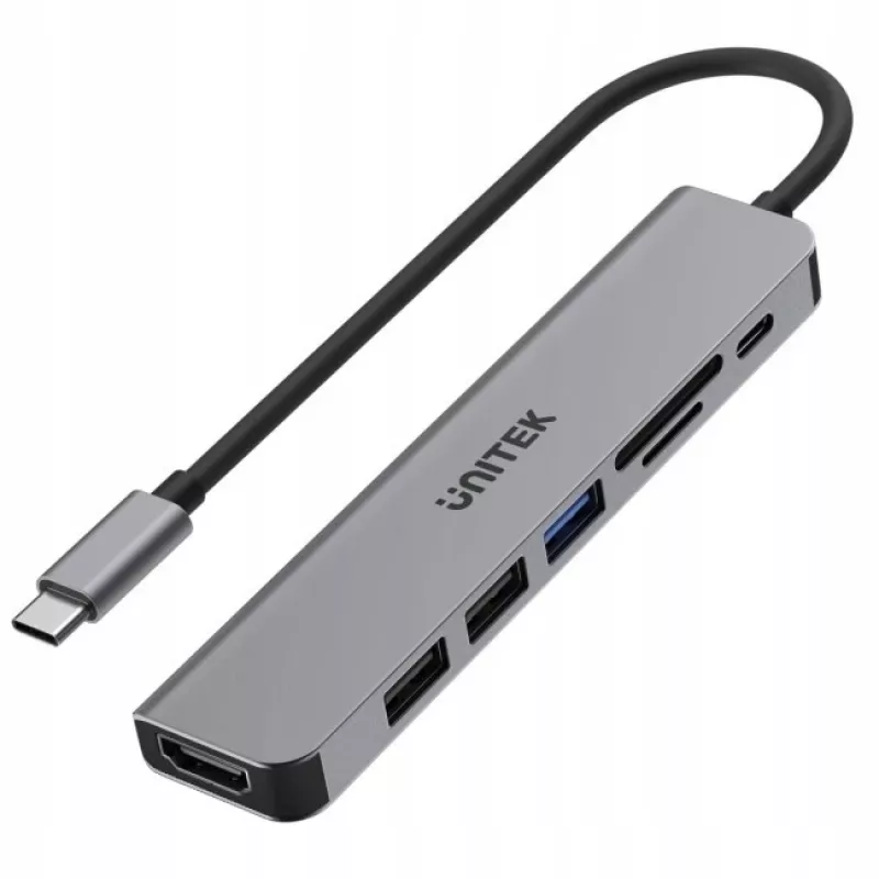USB-C šakotuvas Unitek 7in1 aliuminis PD 100W 5 Gbps — daugiafunkcis adapteris su Power Delivery