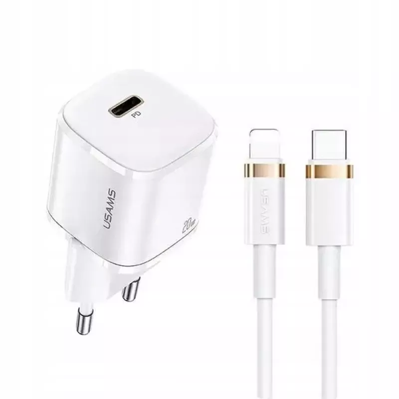 Nešiojamasis telefono įkroviklis usams T36 su 1x USB-C PD3.0 ir integruotu Lightning kabeliu