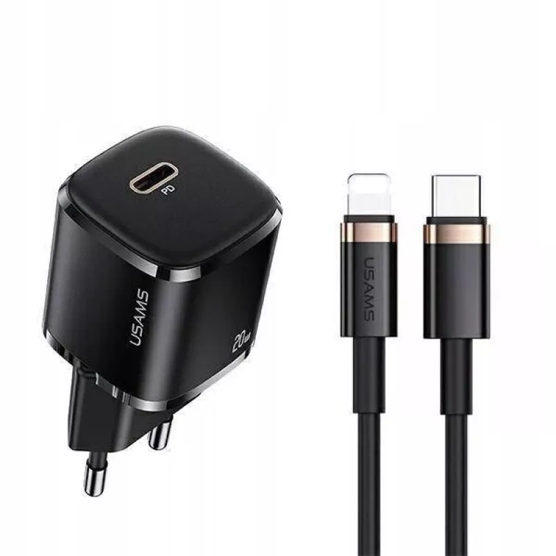 usams telefono įkroviklis 1x USB-C T36 + Lightning PD — kompaktiškas PD įkroviklis su USB-C ir Lightning