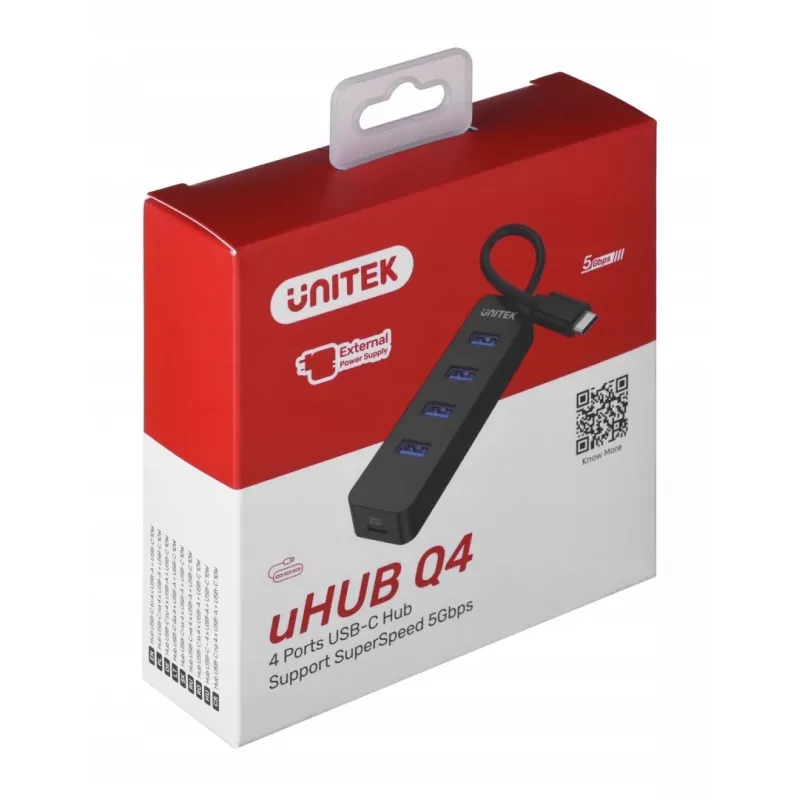 USB šakotuvas Unitek uHUB Q4 — 4 prievadų USB 3.2 Gen 1 (Type-A) šakotuvas, USB-C priegloba, 5 Gbit/s, 10 W, juodas