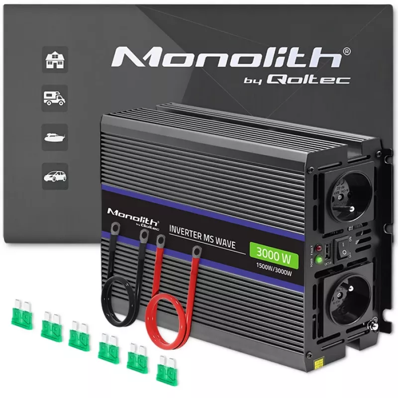 Galios keitiklis QOLTEC Monolith 3000 MS Wave, 12 V → 230 V, 1500/3000 W, su USB