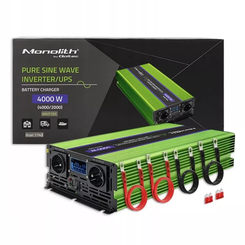 Qoltec Monolith įtampos keitiklis | Baterijos įkrovimas | UPS | 2000W | 4000W | 12V į 230V | Grynas sinusas | LCD juodai žalias