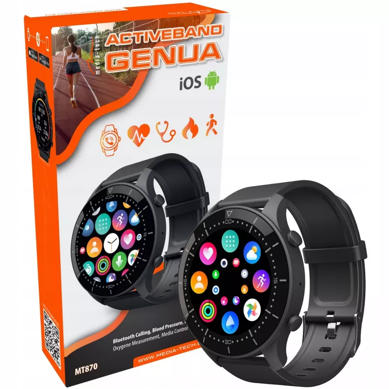Išmanusis laikrodis MEDIA-TECH MT870 — 1,3 colio (3,3 cm) IPS jutiklinis ekranas, 51 mm korpusas, Bluetooth, juodas