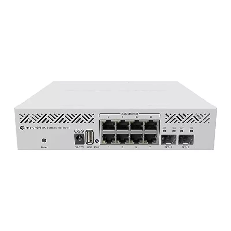 Valdomas L3 komutatorius MikroTik CRS310-8G+2S+IN — 8× 2.5G RJ-45, 2× SFP+, PoE, 1U rack-mount, Baltas