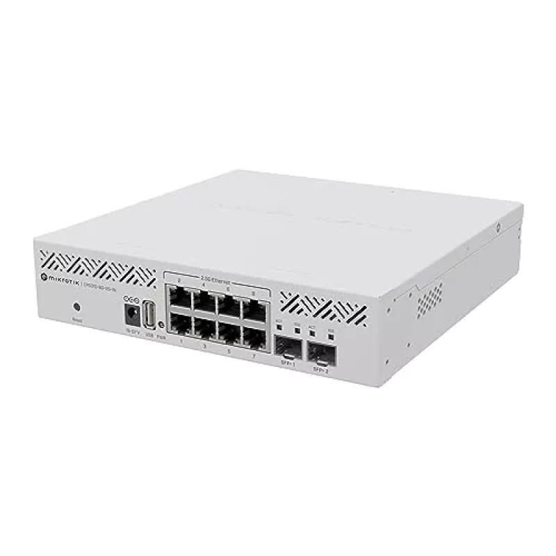 Valdomas L3 komutatorius MikroTik CRS310-8G+2S+IN — 8× 2.5G RJ-45, 2× SFP+, PoE, 1U rack-mount, Baltas
