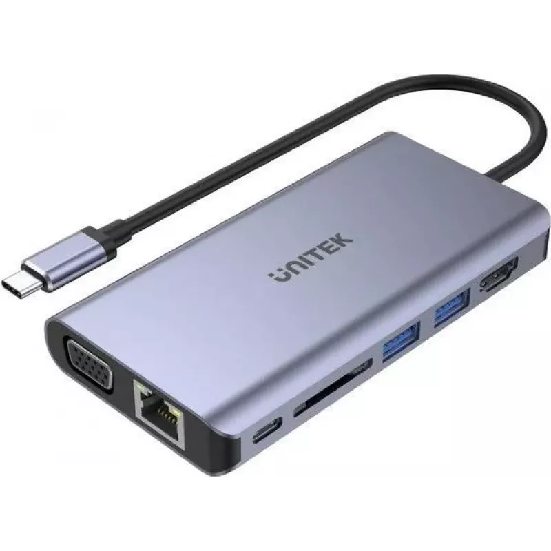 UNITEK uHUB O8+ laidinis USB 3.2 Gen 1 Type-C pilkas 100W Power Delivery
