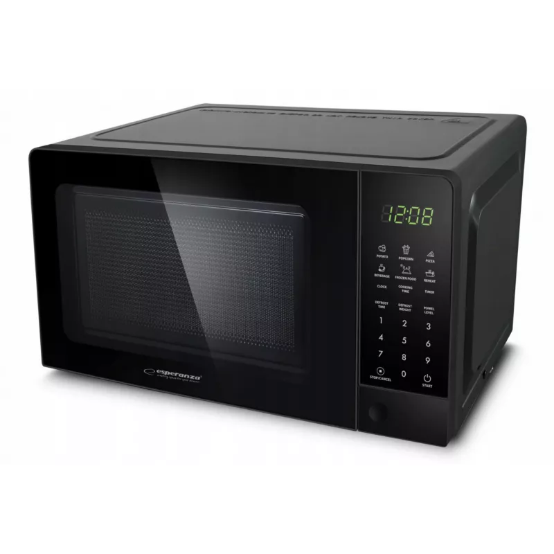 Solo mikrobangų krosnelė ESPERANZA EKO009 — 700 W, 20 L, LED ekranas, jutiklinis valdymas, 24,5 cm stiklinis sukamojo stalo padėklas, juoda