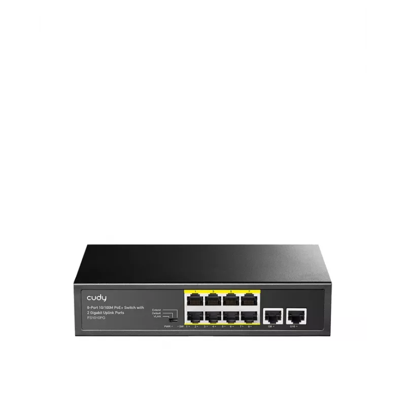 Tinklo jungiklis Cudy FS1010PG — 10/100 Mbps, 8 PoE prievadai, 2 aukštyn, 120 W PoE biudžetas, metalinis korpusas