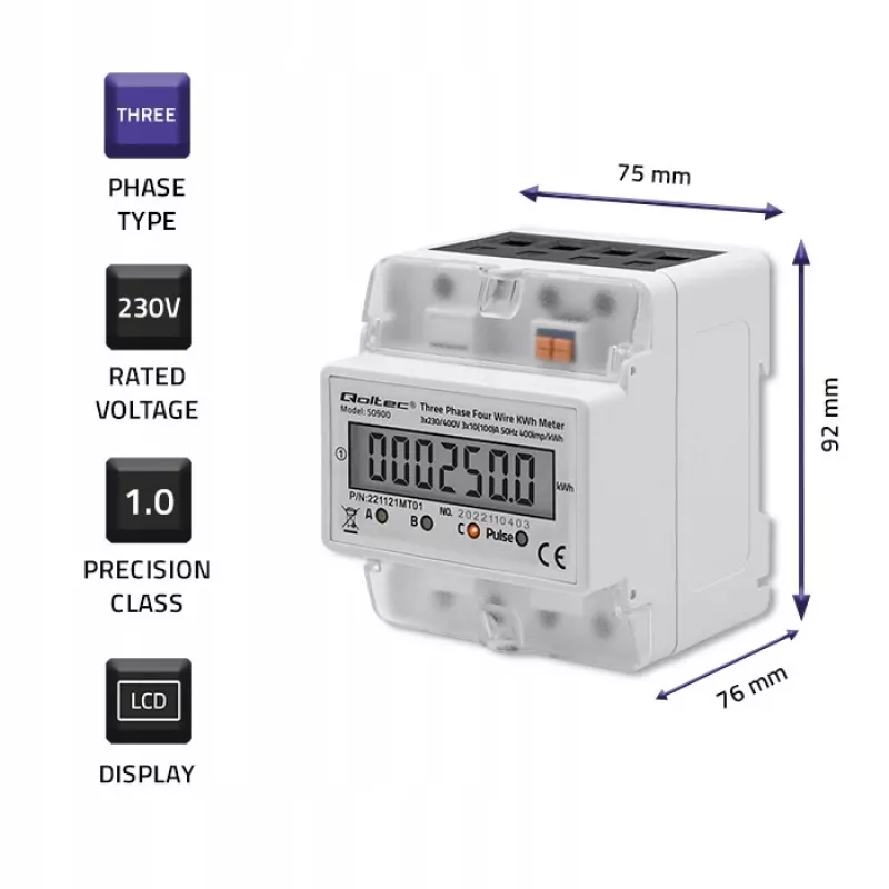 Trifazis elektroninis energijos skaitiklis QOLTEC 50900 400V LCD 4P