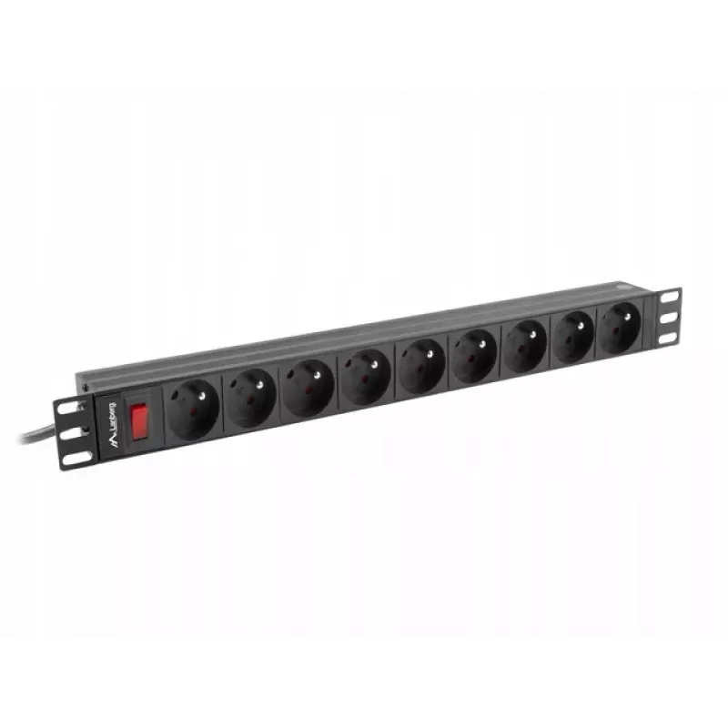 Maitinimo paskirstymo įrenginys LANBERG PDU-09E-0300-BK — 9x E tipo lizdai, 16 A, 220–250 V, 3 m laidas, 1U stovas, 19 colių