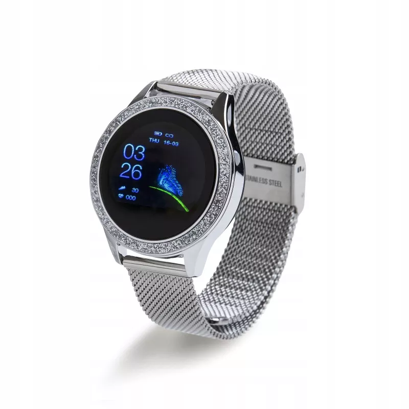 Išmanusis laikrodis ORO-MED ORO-SMART CRYSTAL Sidabrinė — apvalus metalinis korpusas, LCD 240×198, 1,04 colio ekranas, Bluetooth 4.0, atsparus vandeniui, 120 mAh baterija