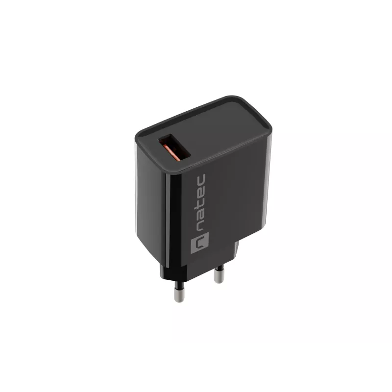 NATEC AC greitas įkrovimas vidinis laidinis įkroviklis Ribera — 18W (5–15V, iki 3A), 1× USB-A, Huawei FCP/SCP, juodas