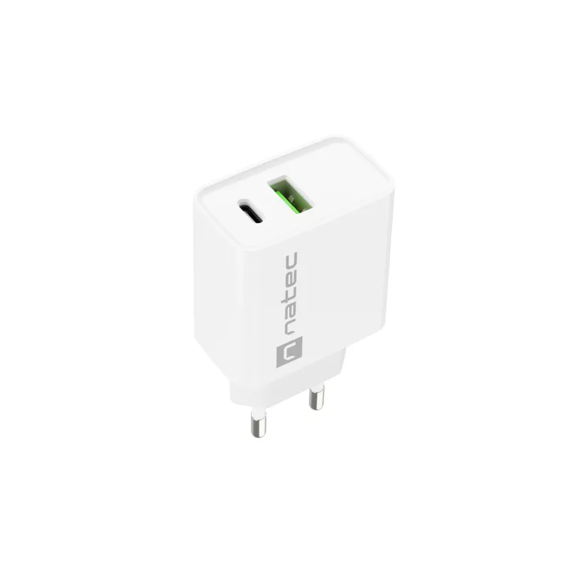 Vidinis AC greito įkrovimo įkroviklis NATEC RIBERA 12V 20W USB-C PD 3.0 + USB-A Samsung AFC baltas