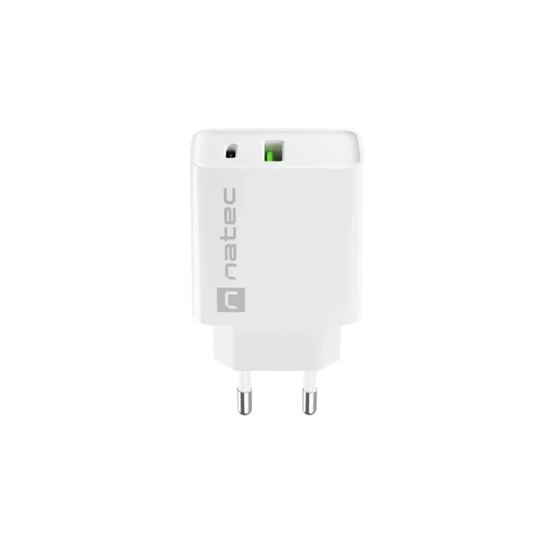 Vidinis AC greito įkrovimo įkroviklis NATEC RIBERA 12V 20W USB-C PD 3.0 + USB-A Samsung AFC baltas