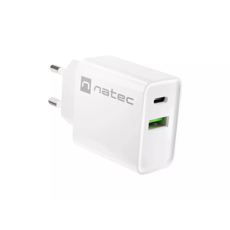 Vidinis AC greito įkrovimo įkroviklis NATEC RIBERA 12V 20W USB-C PD 3.0 + USB-A Samsung AFC baltas