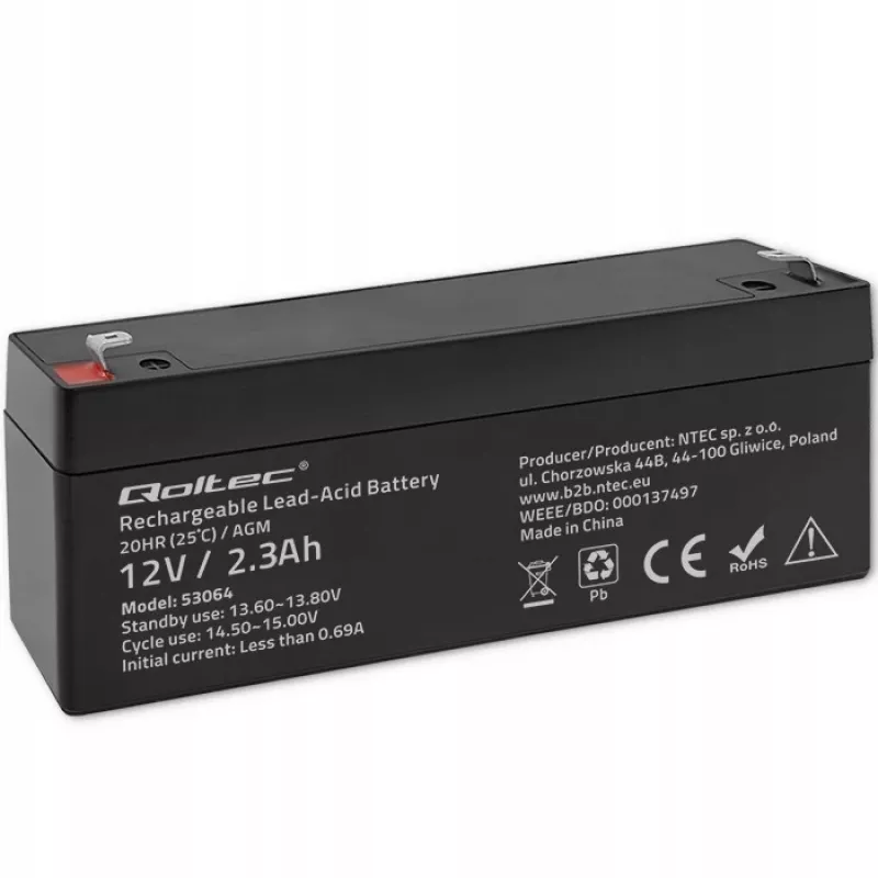 Sandari AGM baterija QOLTEC 12V 2.3Ah UPS ir atsarginėms sistemoms, maks. iškrova 34.5A
